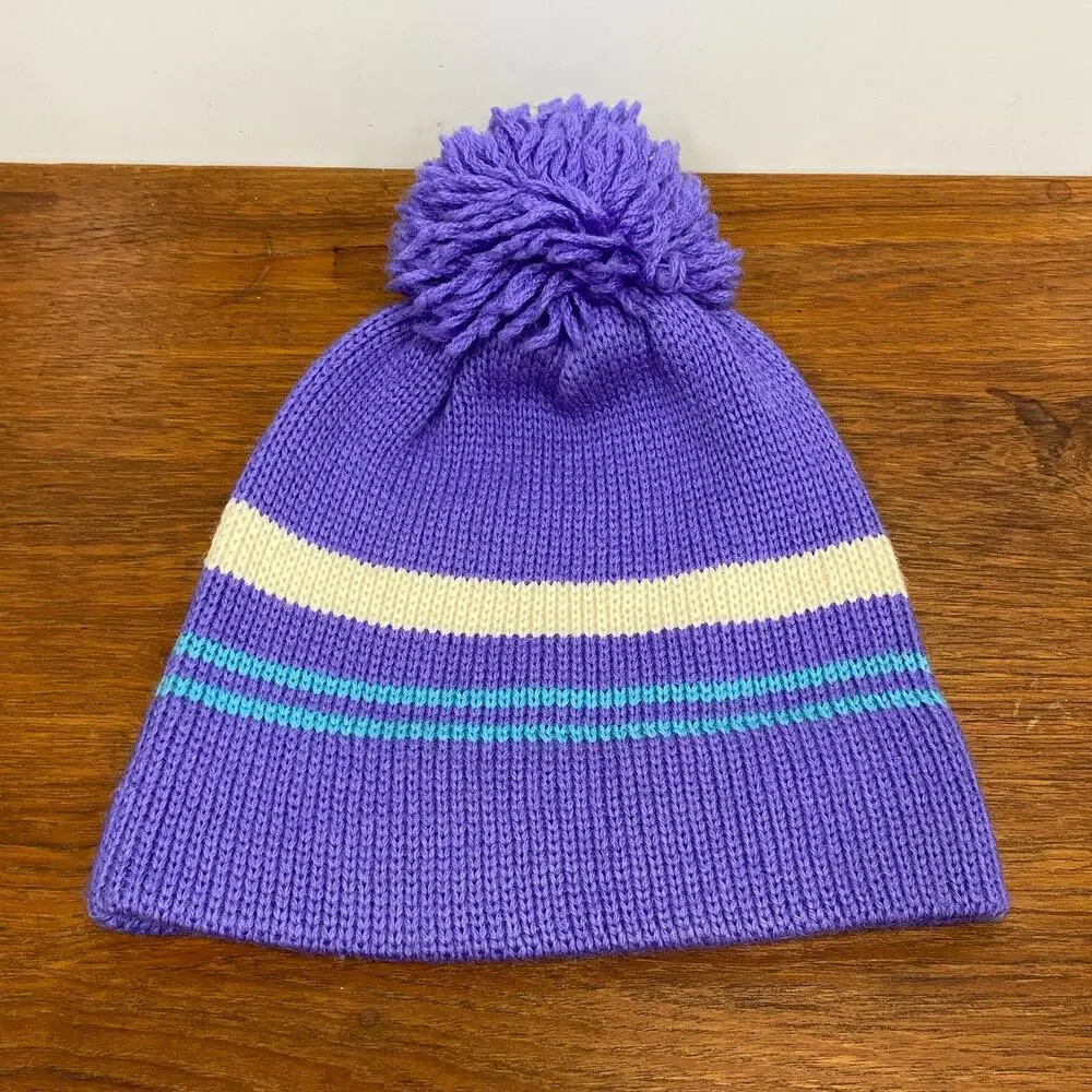 Vintage Meister 100% Wool Knit Pom Beanie Purple Blue‎ Striped Ski Hat Hong Kong